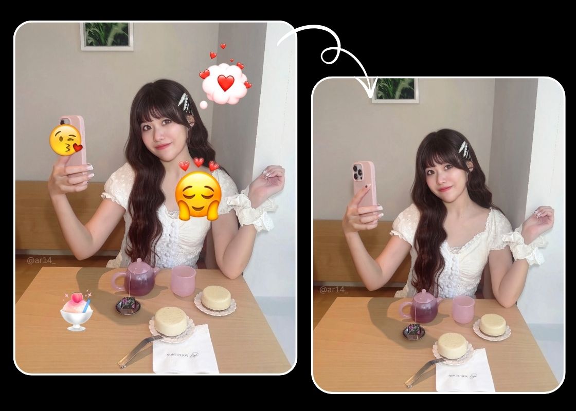 Social media selfie before and after removing emoji stickers